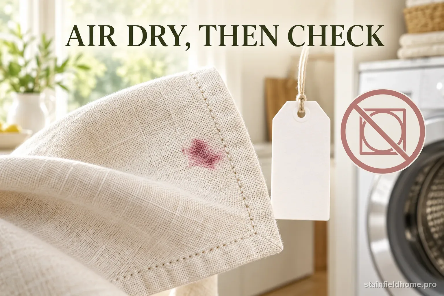 A faint cranberry mark on a linen napkin air-drying flat before a final stain check.