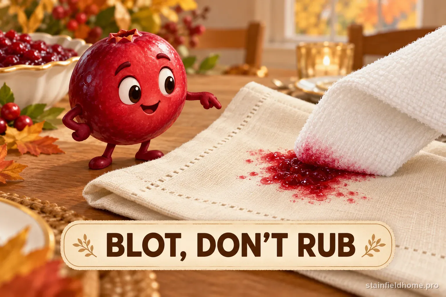 A clean white cloth pressing gently on a cranberry sauce spot on a linen napkin.