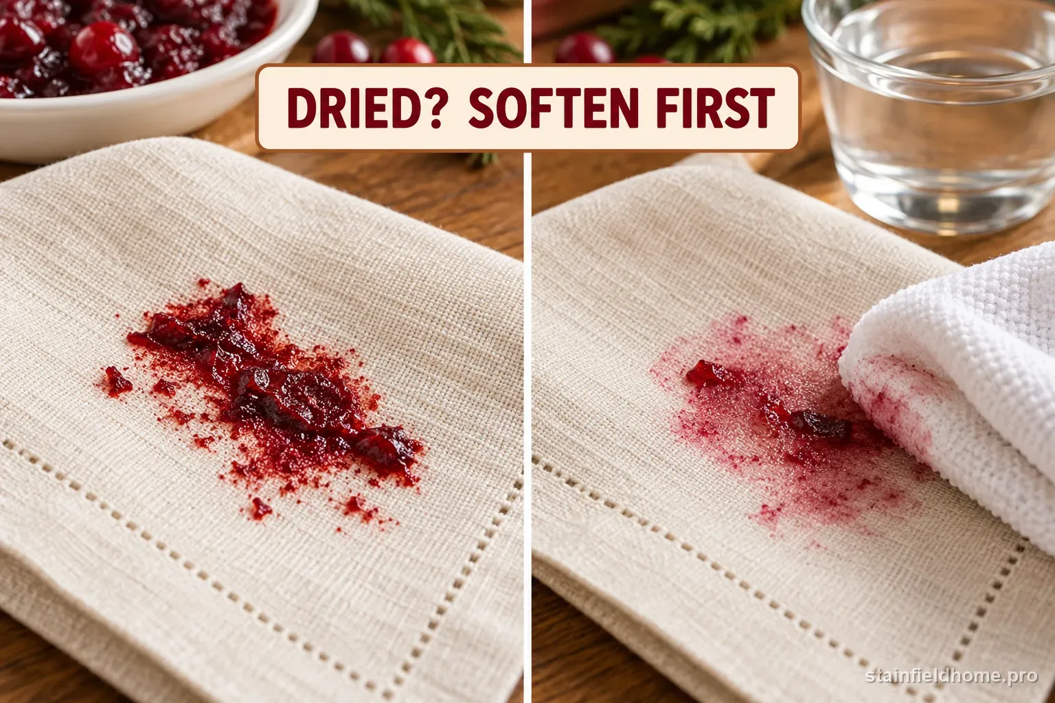 A dried cranberry stain on linen being softened with cool water before laundering.