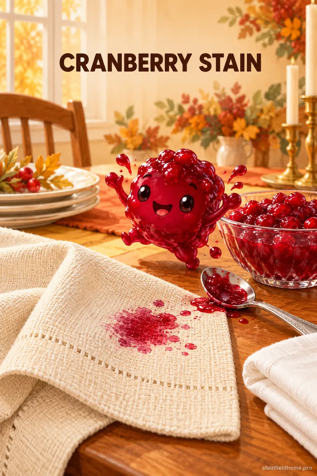 A cranberry-red stain on a natural linen napkin beside a bowl of cranberry sauce
