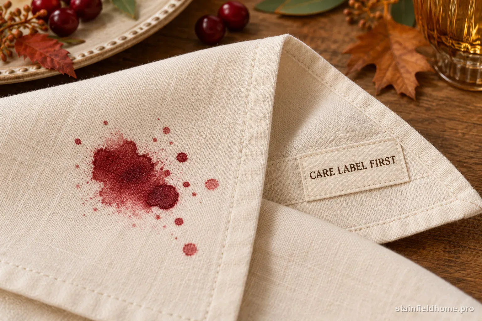 A cranberry-stained linen napkin beside a blank care tag and a crossed-out dryer symbol.