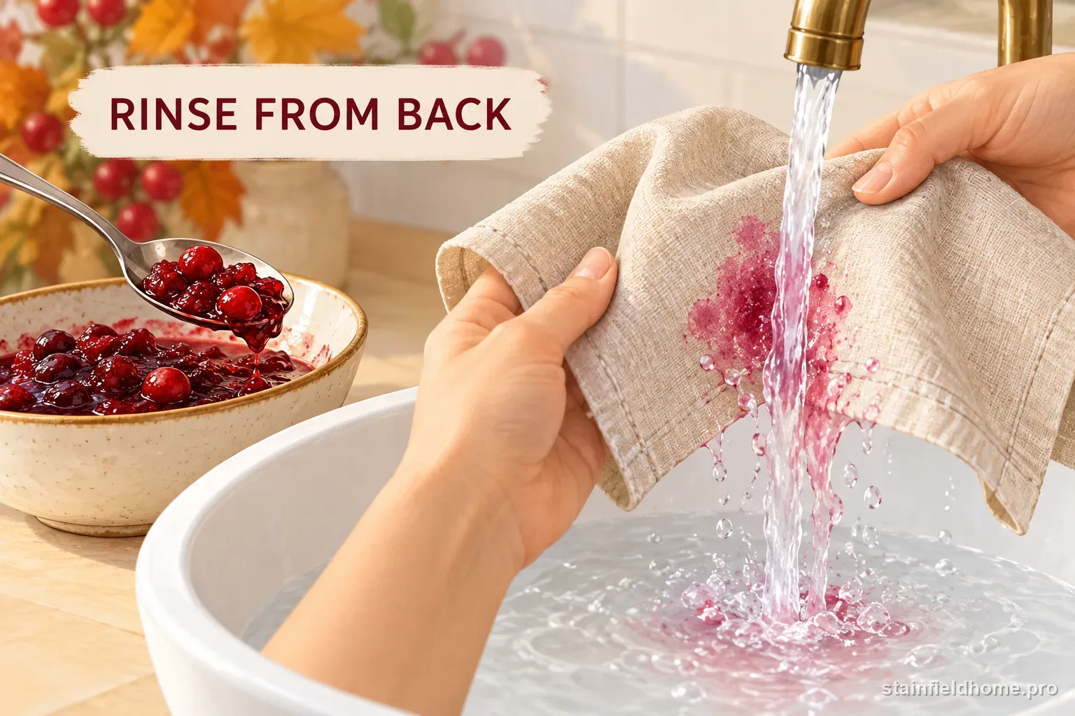 Cool water rinsing a cranberry stain from the back of a linen napkin into a basin.