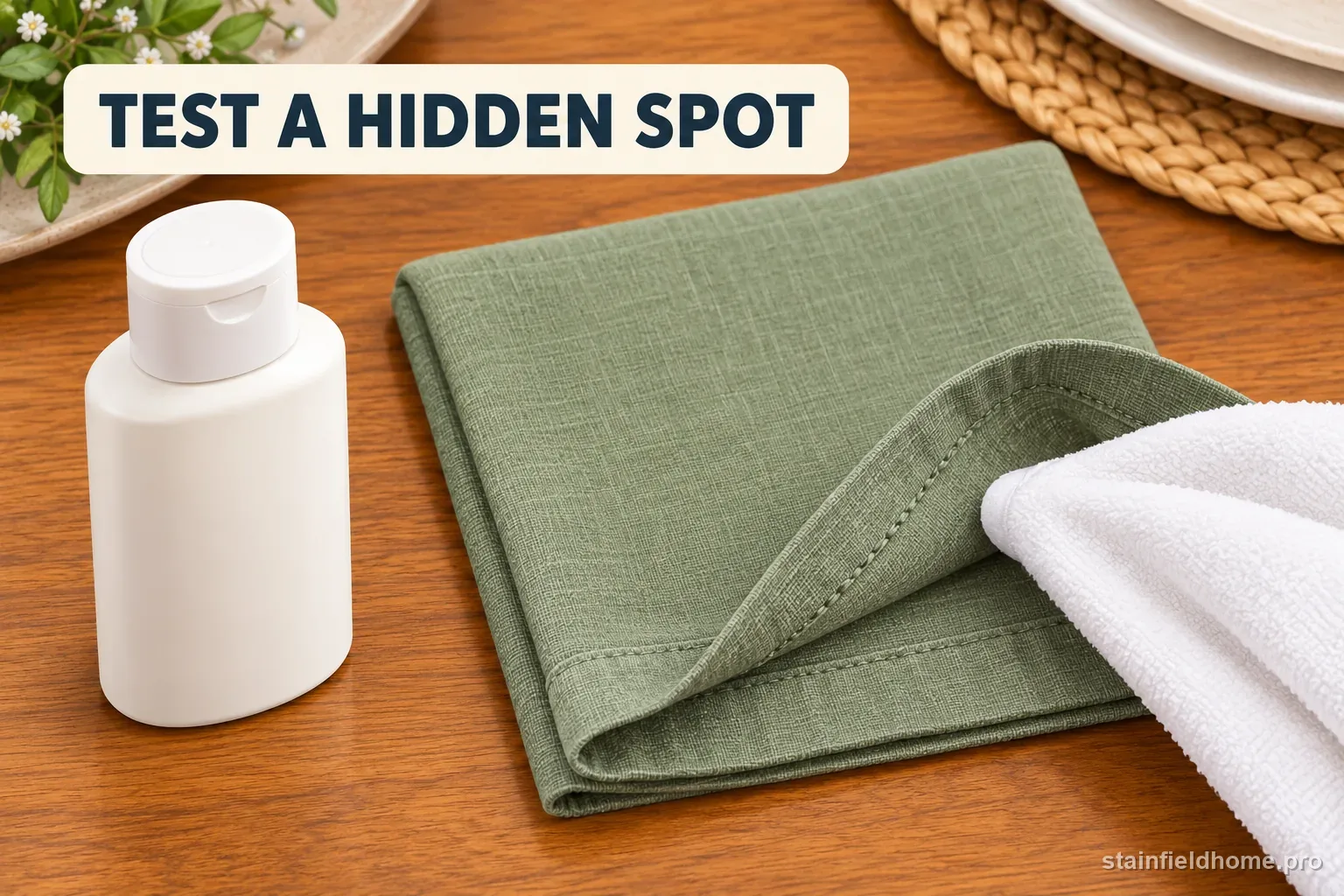 A white cloth testing a hidden hem of a linen napkin before spot treatment.
