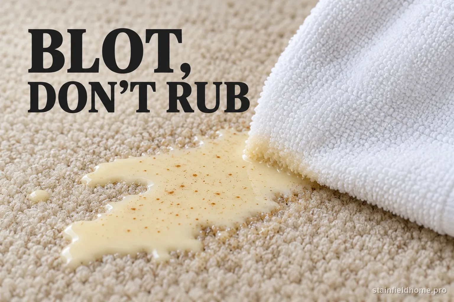 A clean white cloth blotting a pale eggnog spill on carpet.