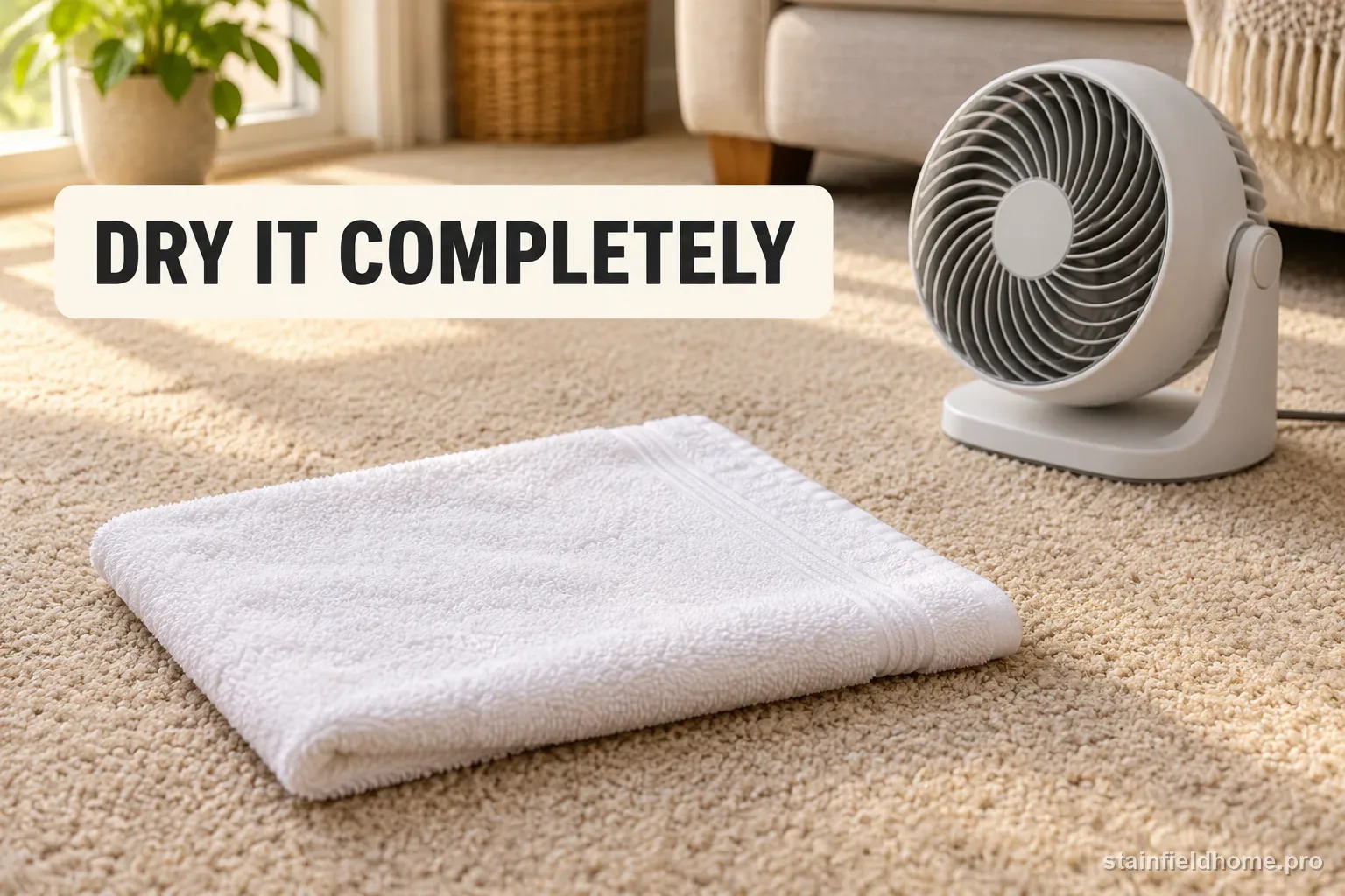 A clean towel weighted over a carpet spot while a fan moves air nearby.