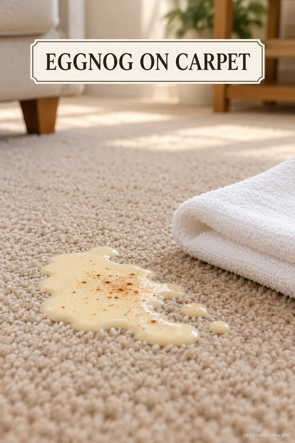 A small pale eggnog spill on a neutral carpet beside a white towel