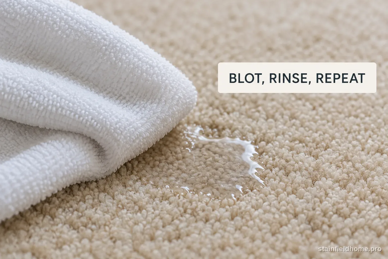 A damp white cloth rinsing a treated carpet spot with clean water.