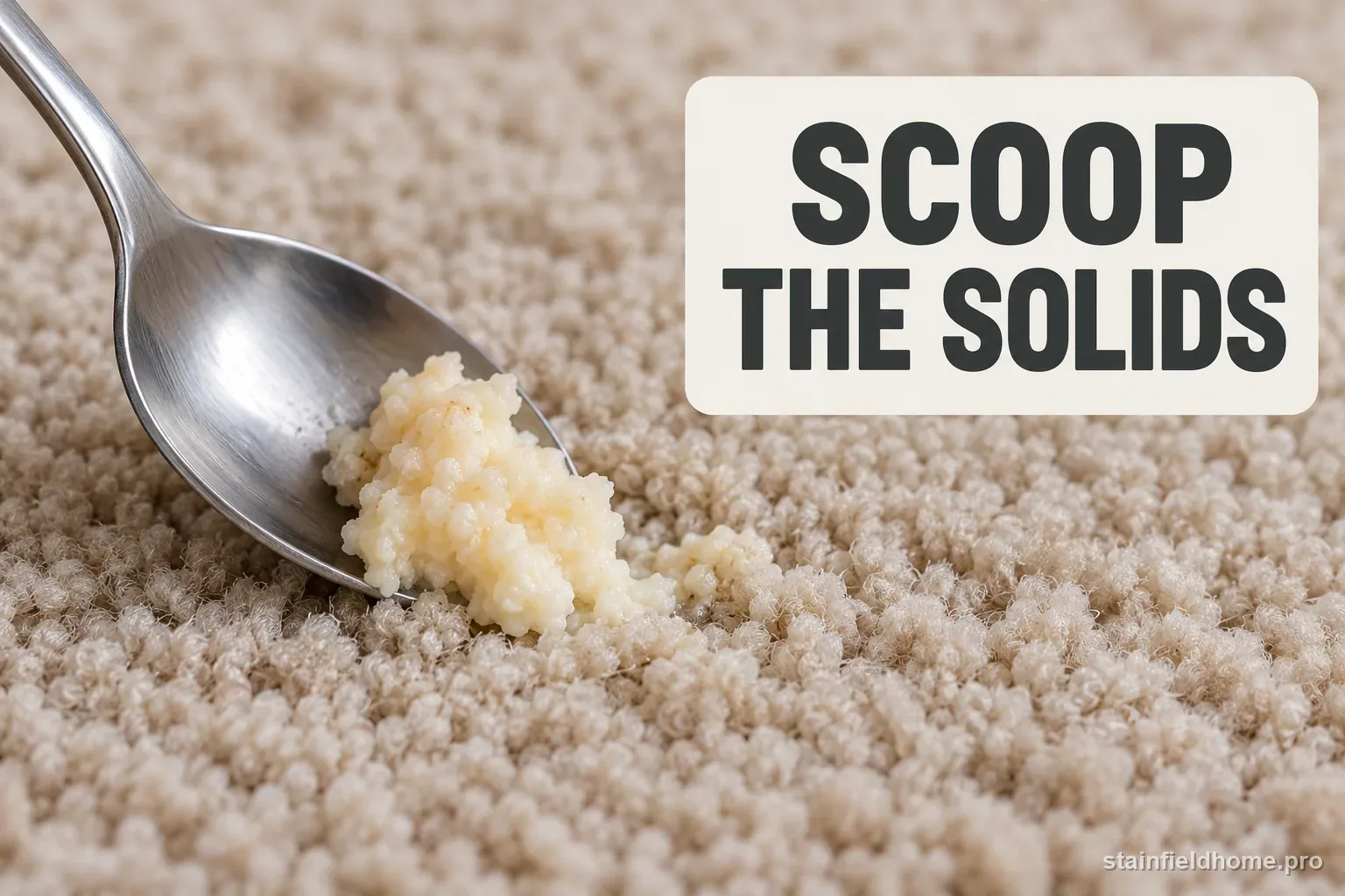 A rounded spoon lifting a small dollop of thick eggnog from carpet pile.