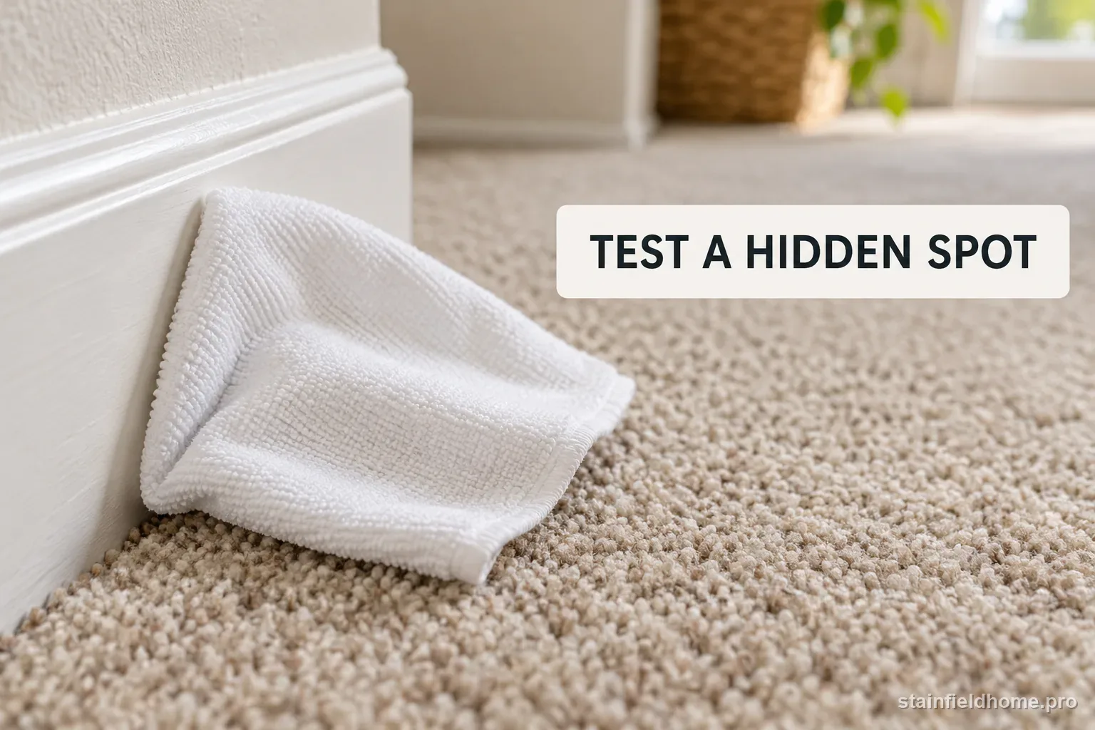A white cloth testing a hidden carpet edge before spot cleaning.