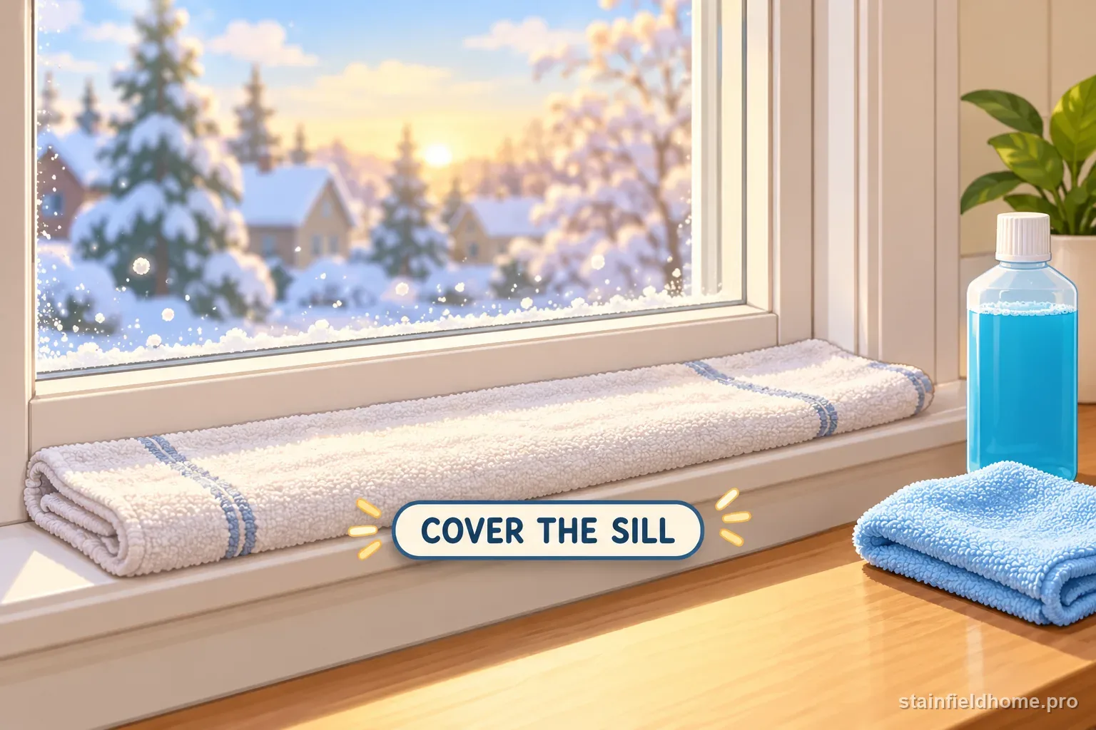 A towel protecting the painted wood sill while glass is cleaned above it.