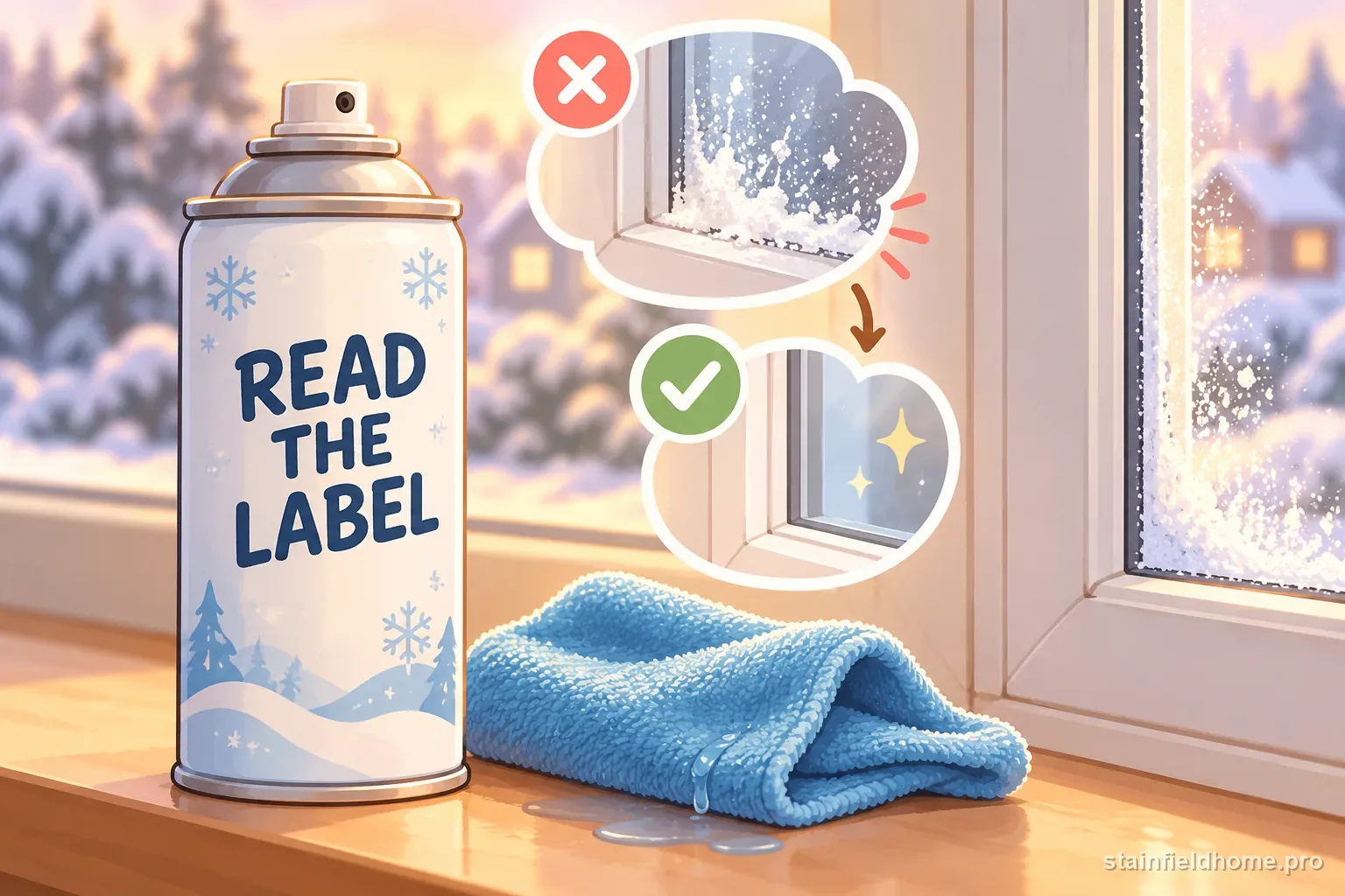 A faux snow spray can and its cleanup directions beside a window.