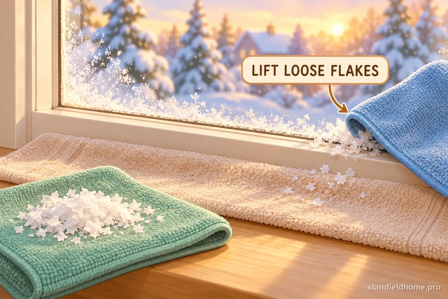 Loose white faux snow flakes being collected below a window before cleaning.