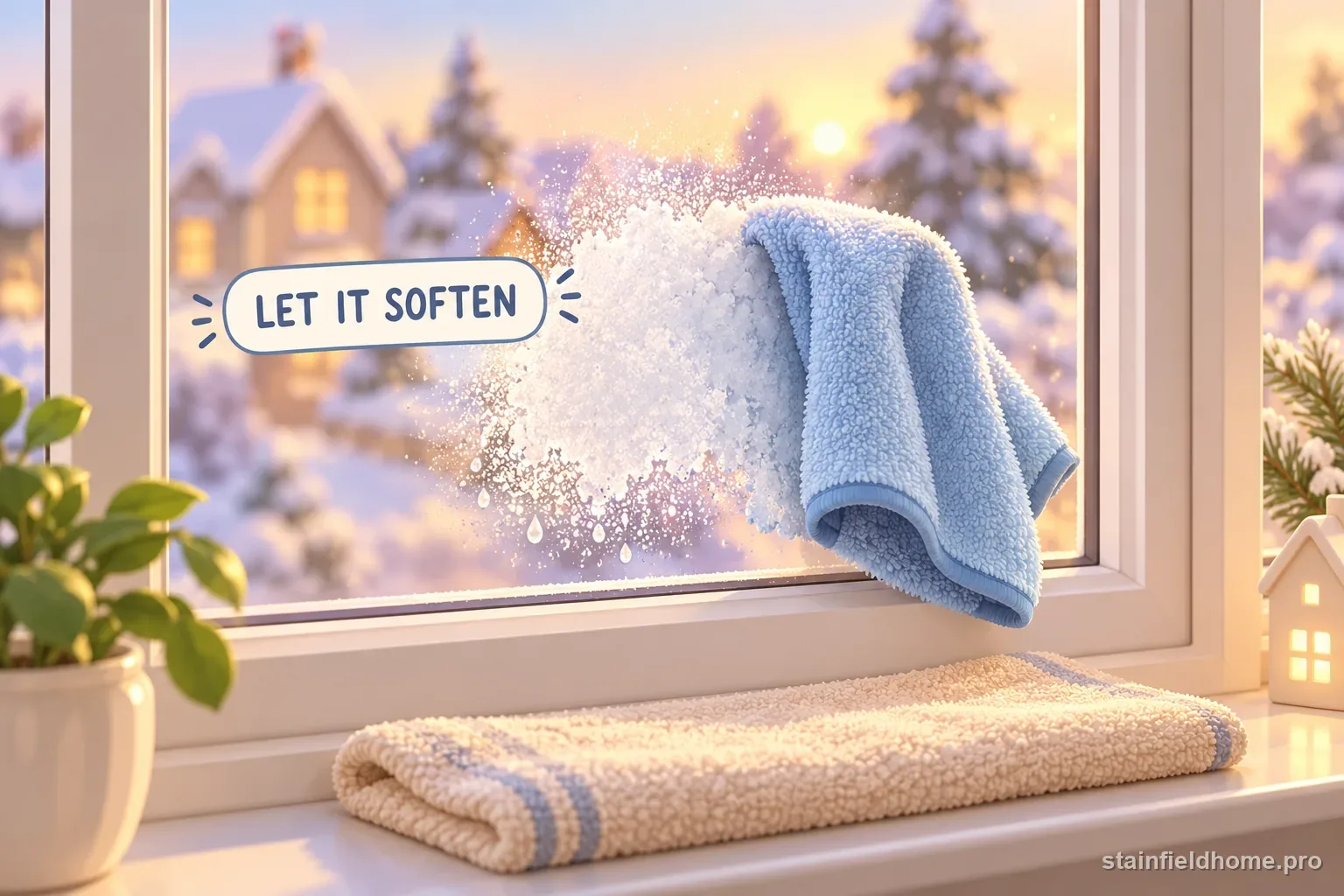 A lightly damp microfiber cloth resting on softened faux snow spray on glass.