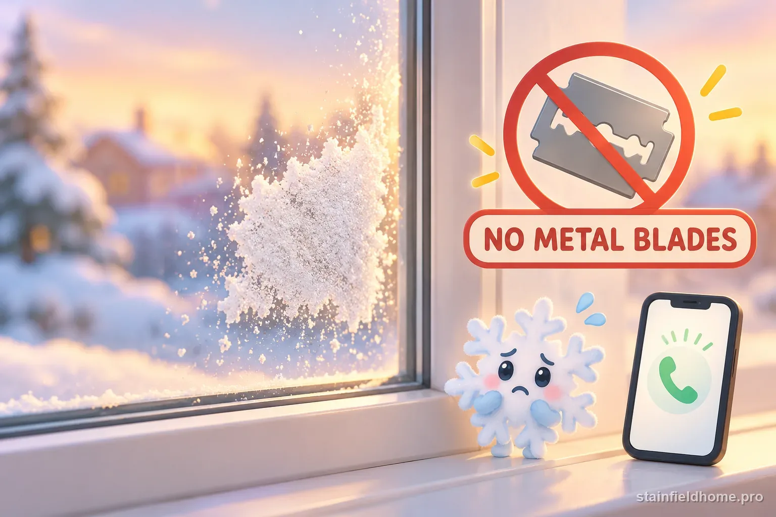 A small stubborn patch of faux snow spray left untouched for a window professional.