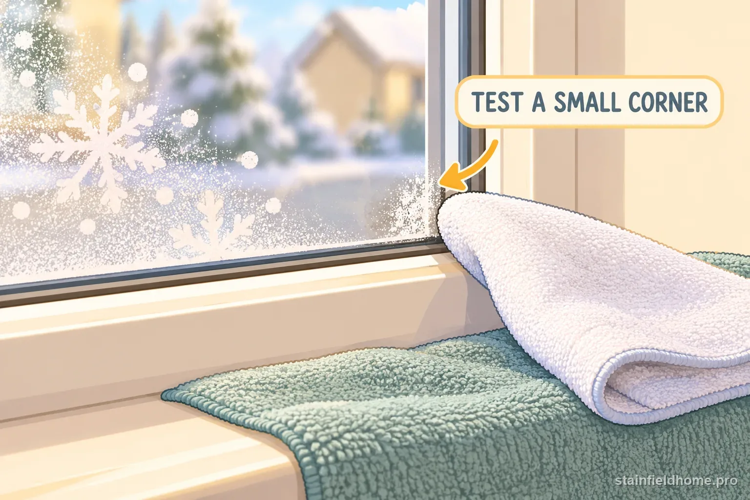 A damp white microfiber cloth testing a small corner of a glass pane.