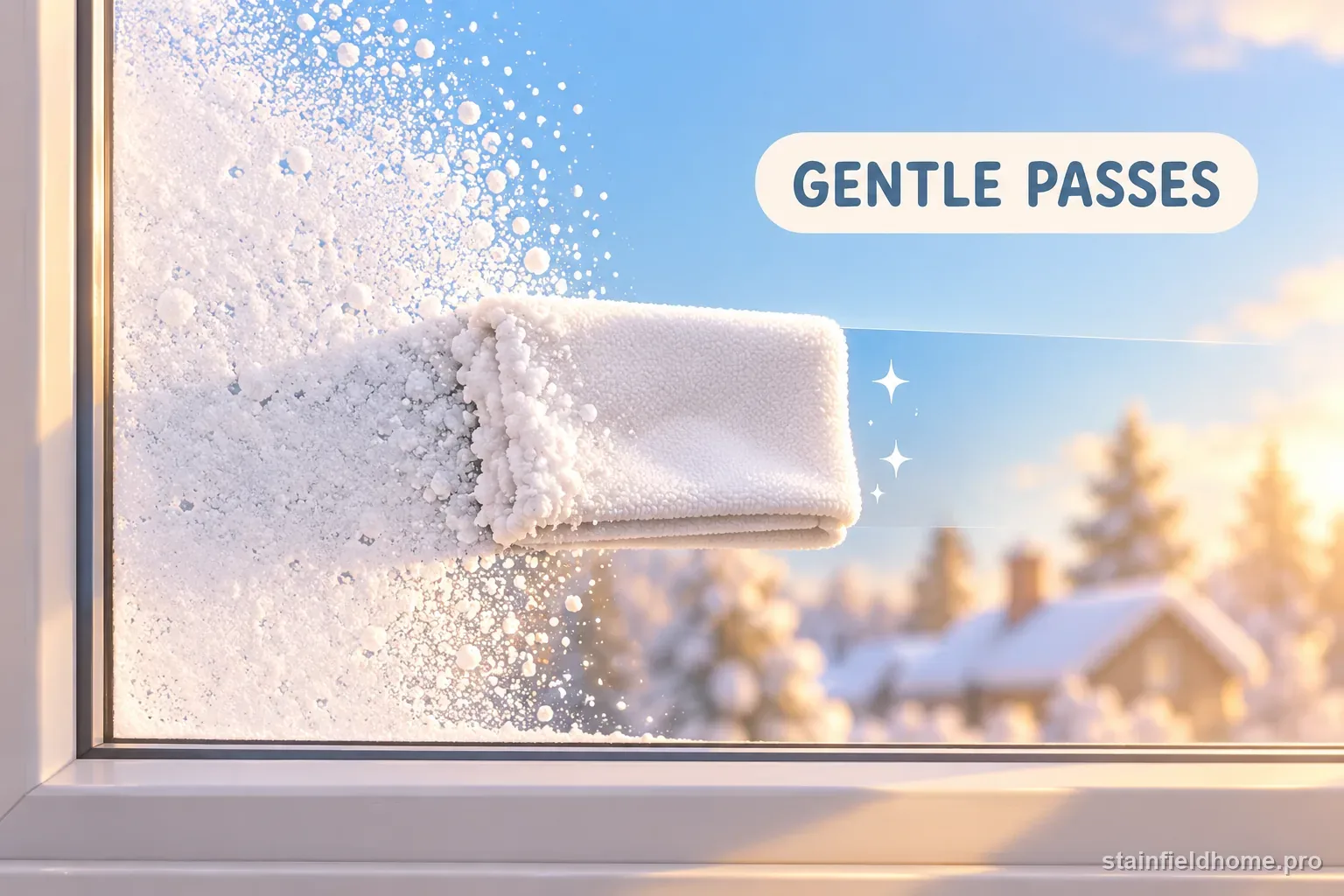 A soft cloth wiping a small softened patch of white spray from window glass.