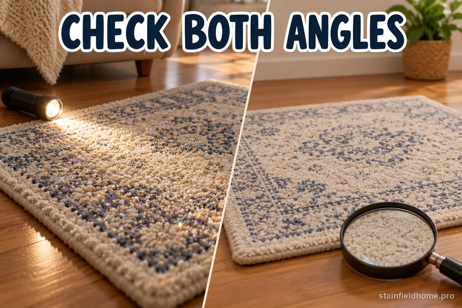 A carpet area being inspected from two directions for leftover glitter