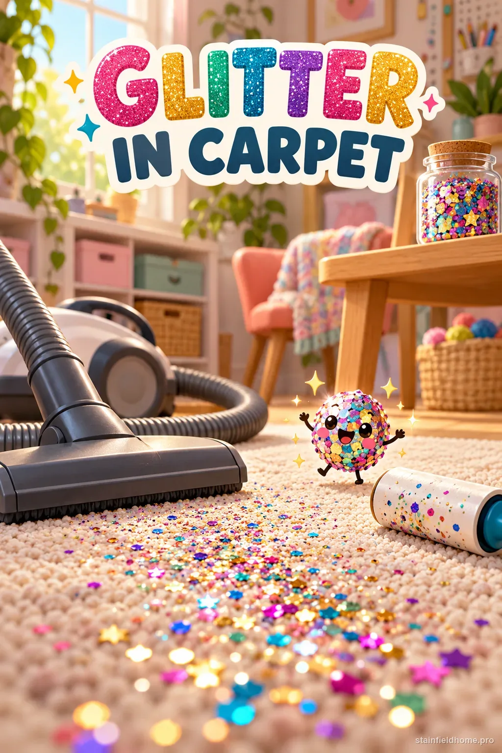 Sparkling craft glitter scattered on a carpet beside a vacuum nozzle and lint roller