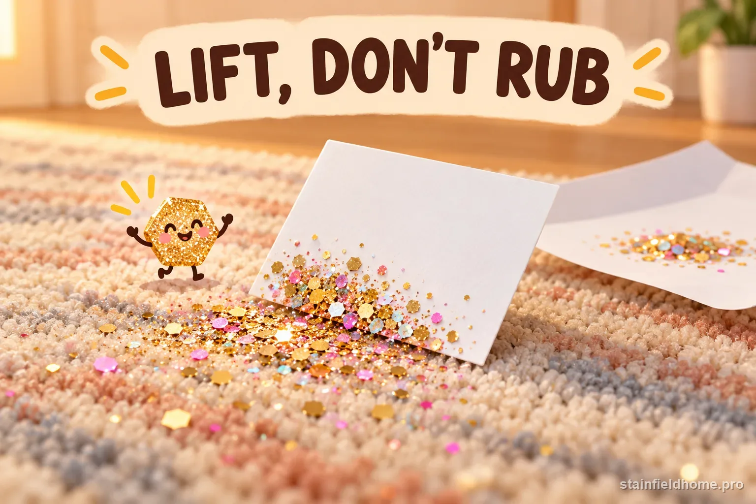 A plastic card lifting loose craft glitter from carpet without rubbing