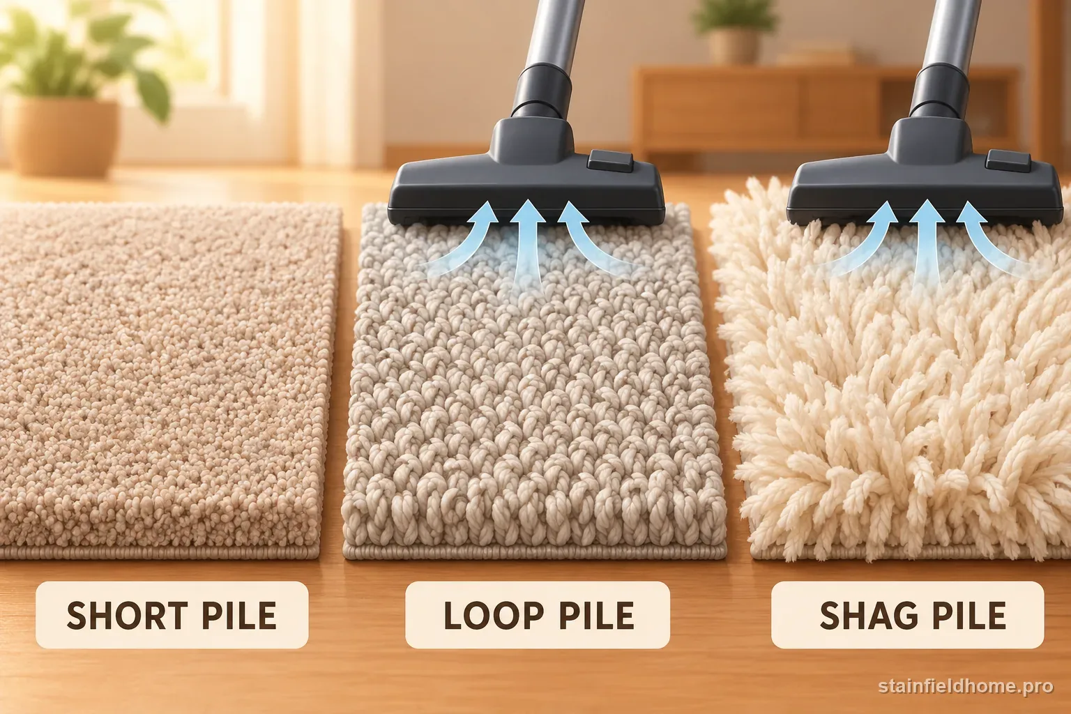 A comparison of low dense carpet pile, loop pile, and long shag yarn