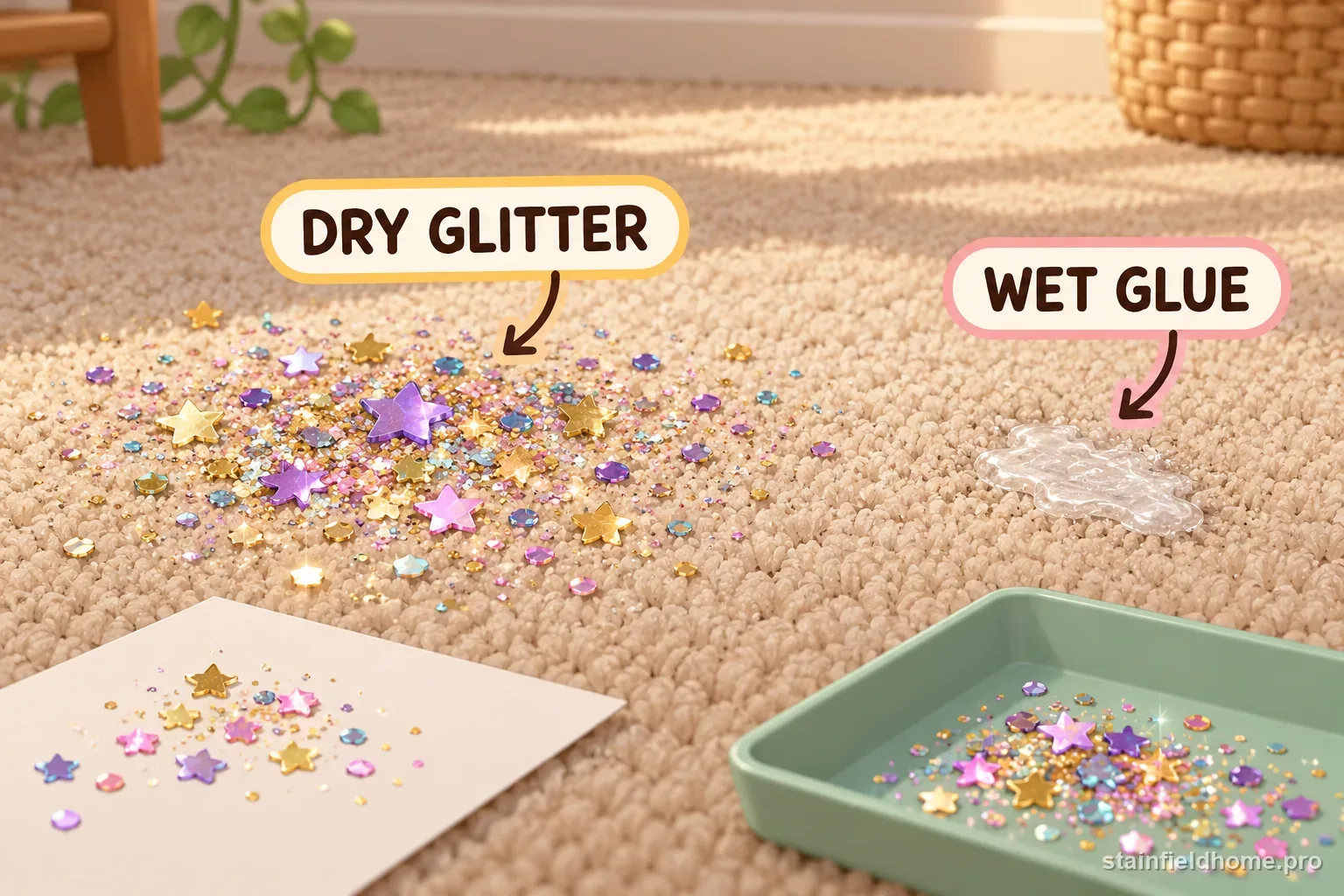 Loose glitter on carpet separated from a wet glue spot