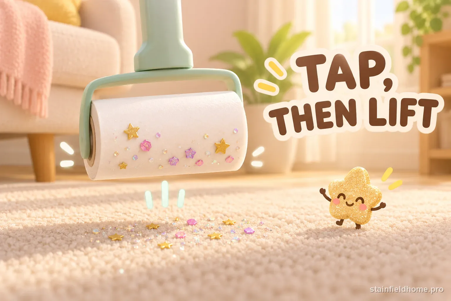 A lint roller lifting visible glitter flecks from carpet pile