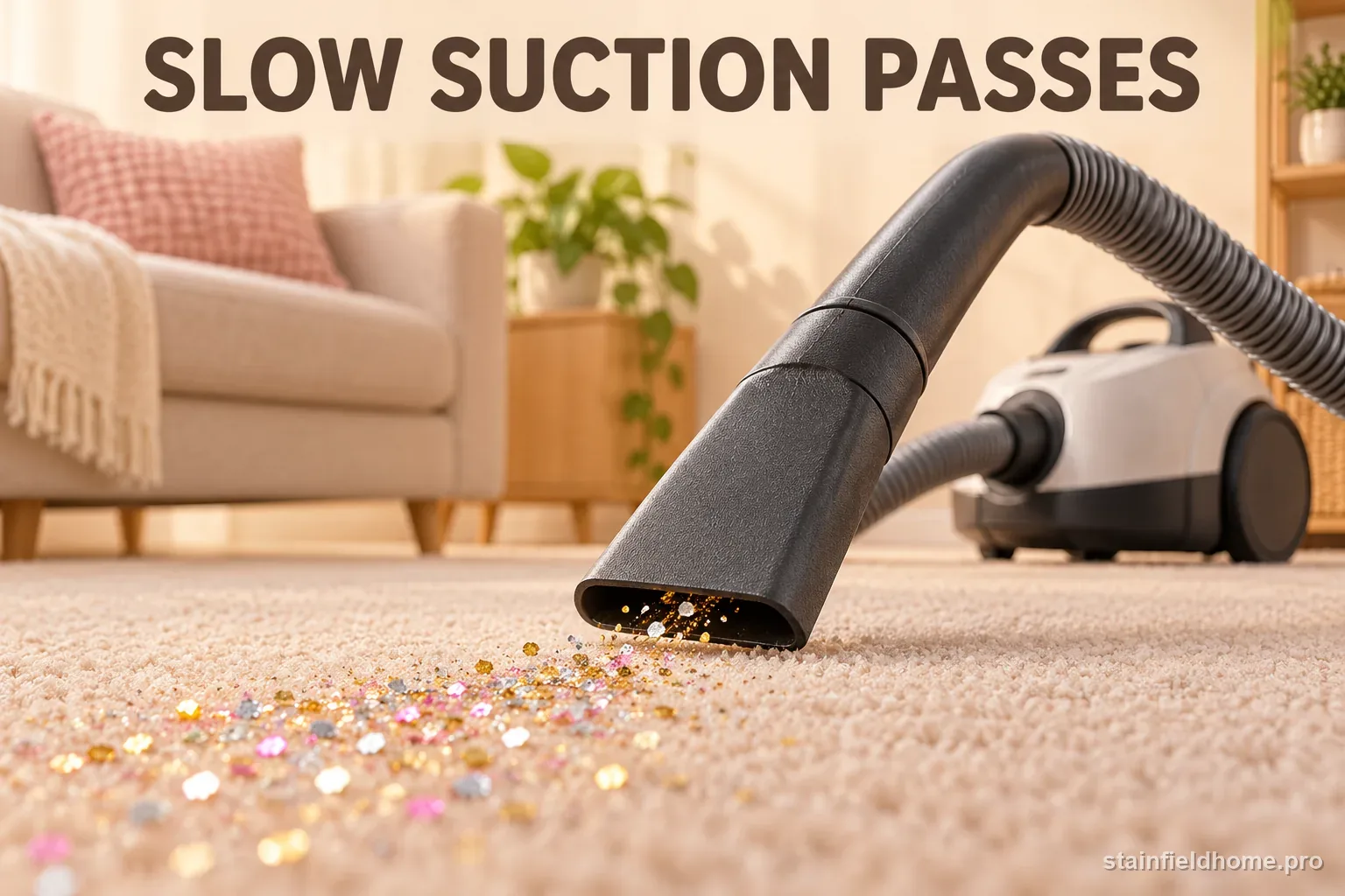 A vacuum hose nozzle picking up glitter from a low pile rug
