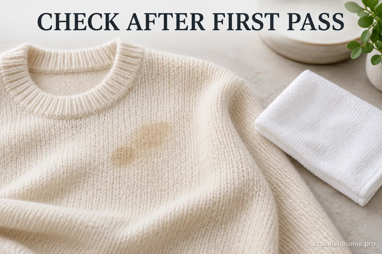 A cream wool sweater inspected after one careful treatment, with a faint mark remaining.