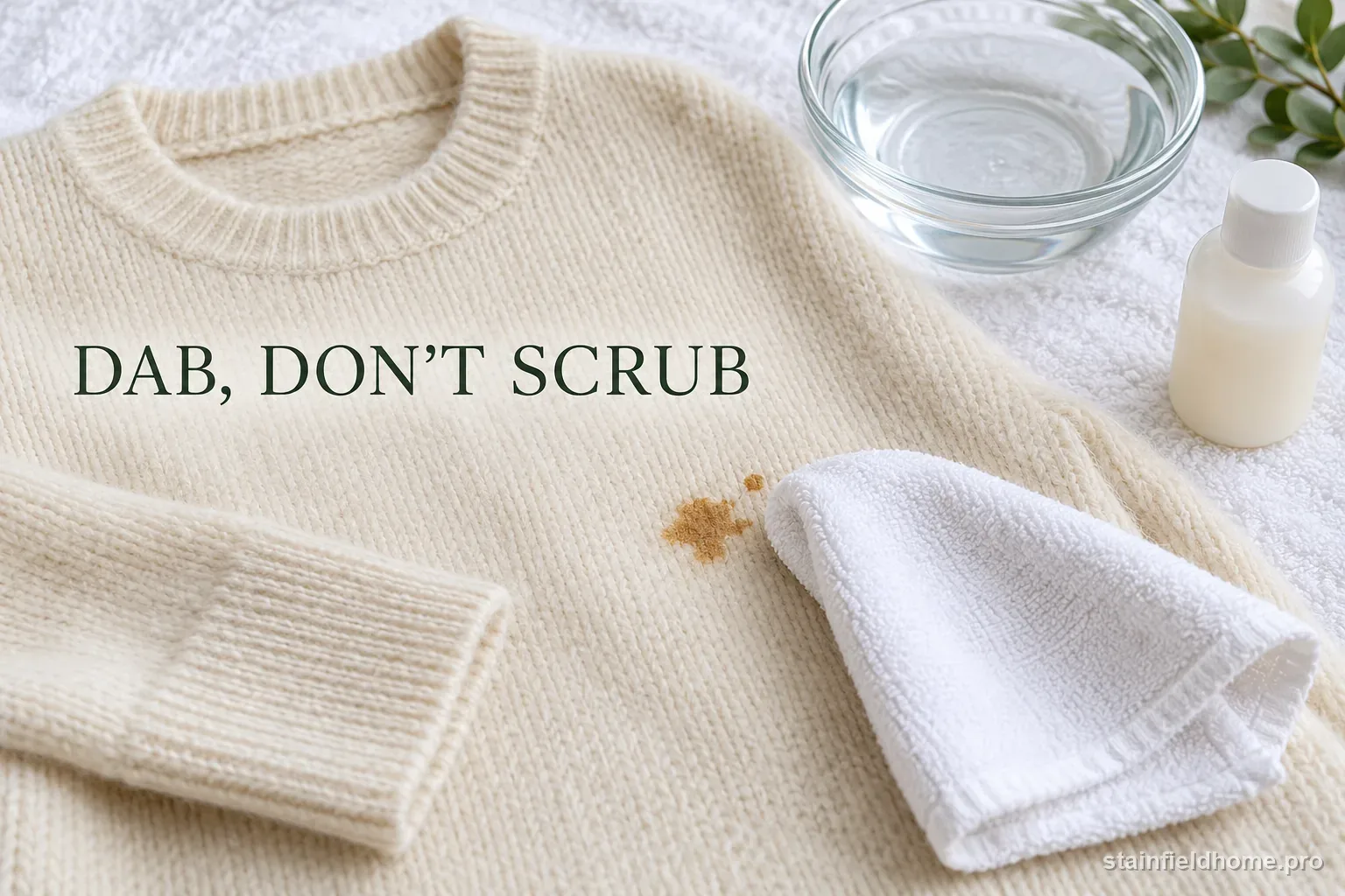 A white cloth gently dabbing a gravy spot on a cream wool sweater.