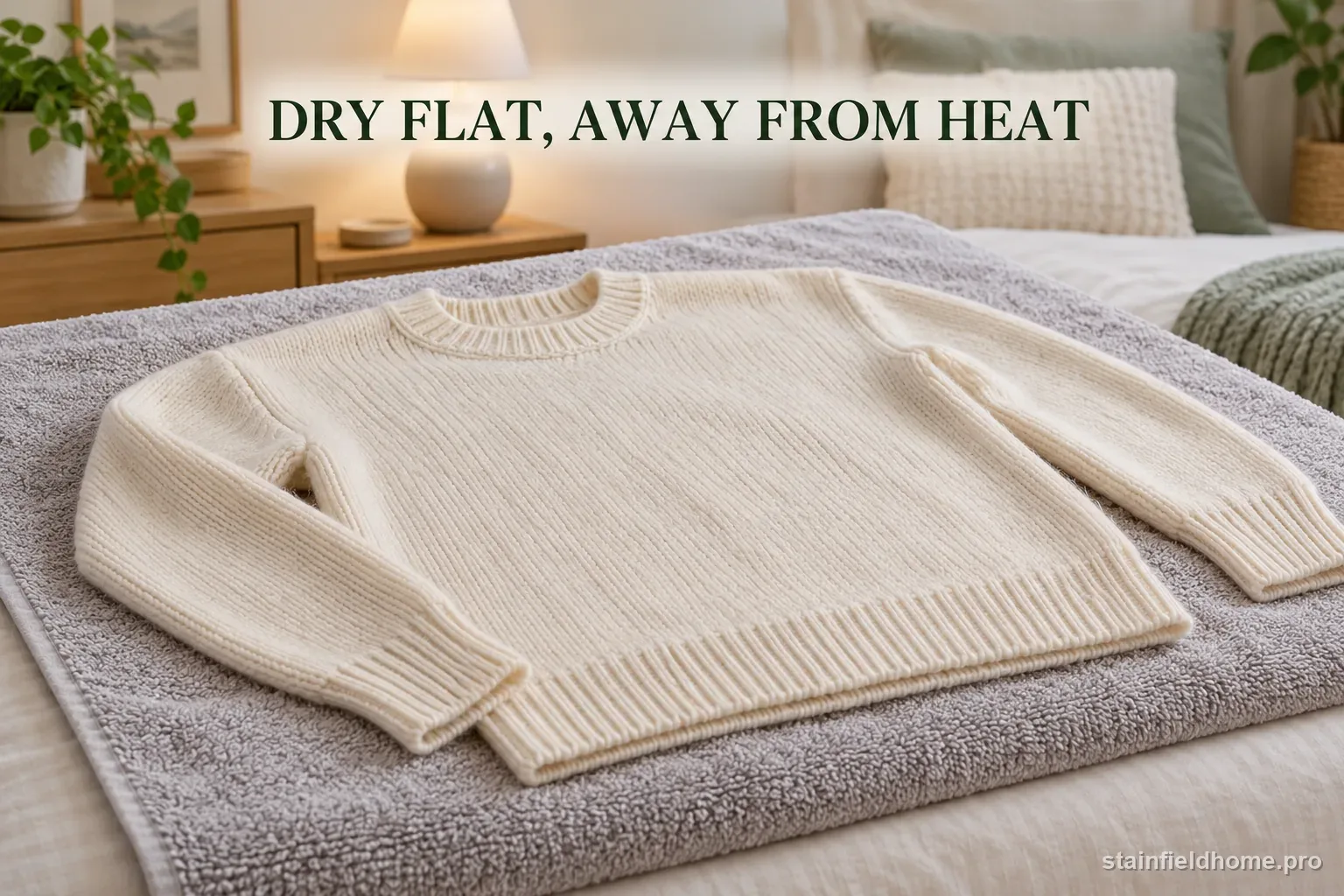 A wool sweater reshaped and drying flat on a towel away from heat.