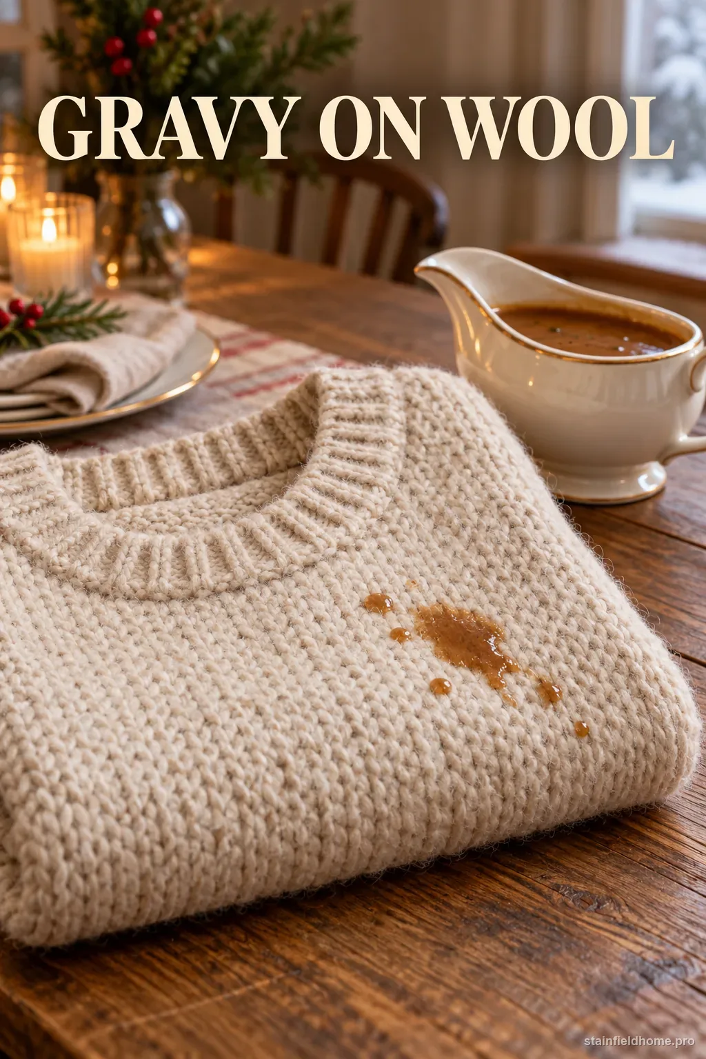 A small gravy spill on an oatmeal wool sweater beside a gravy boat