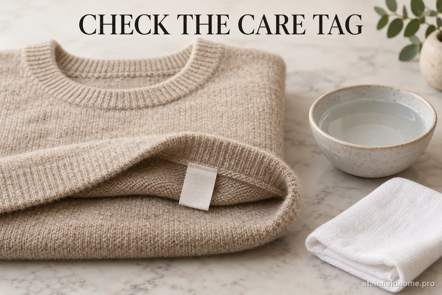 A folded wool sweater with its care tag visible beside a bowl of cool water.