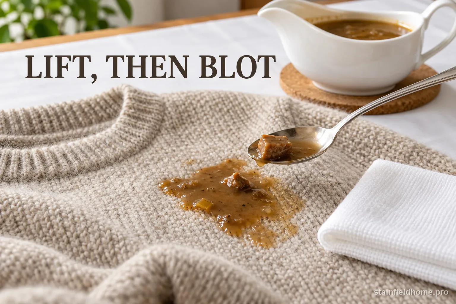 A spoon lifting a small gravy solid from an oatmeal wool sweater before blotting.
