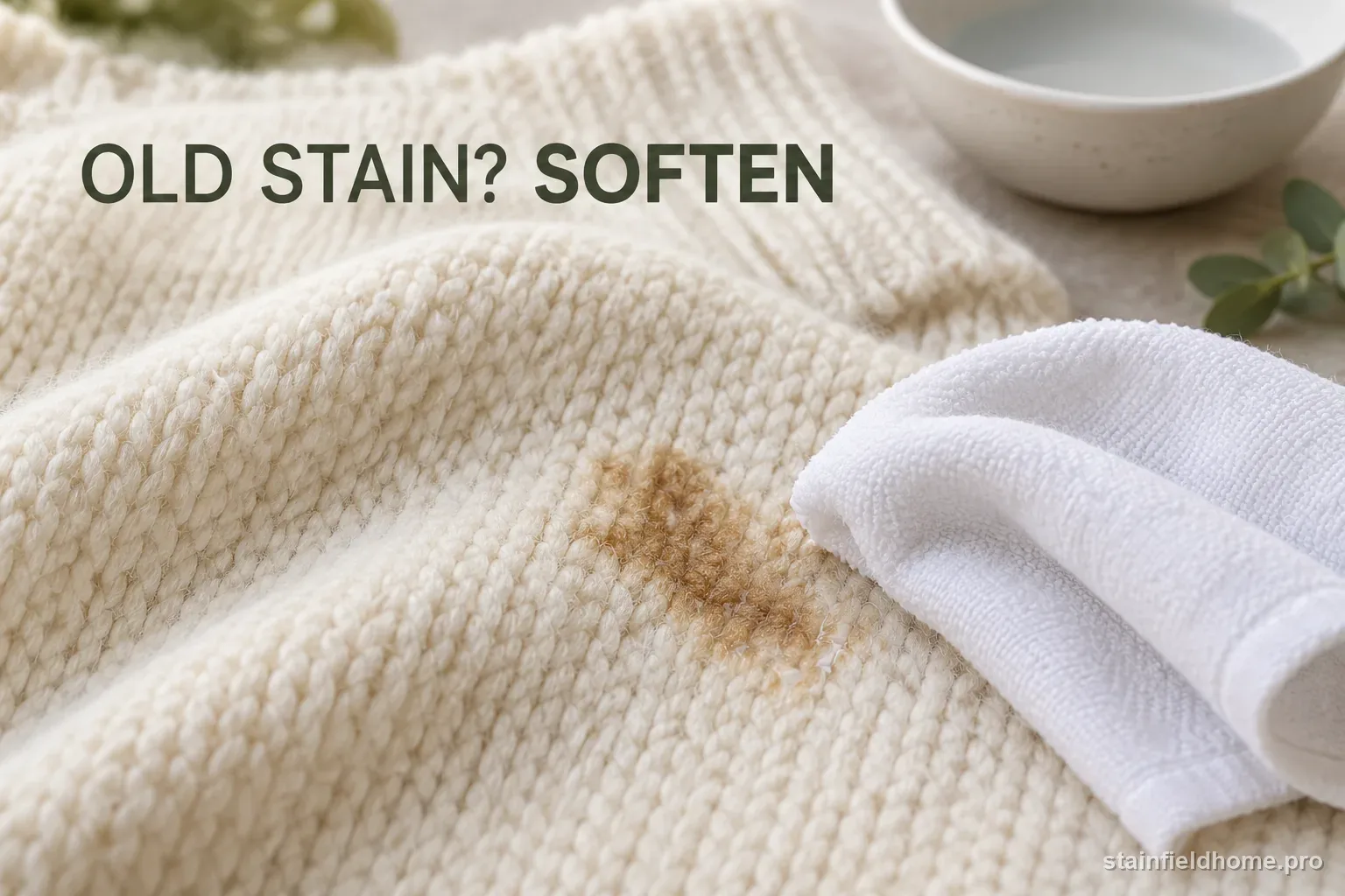 A faint dried gravy mark on wool being softened with a cool damp white cloth.
