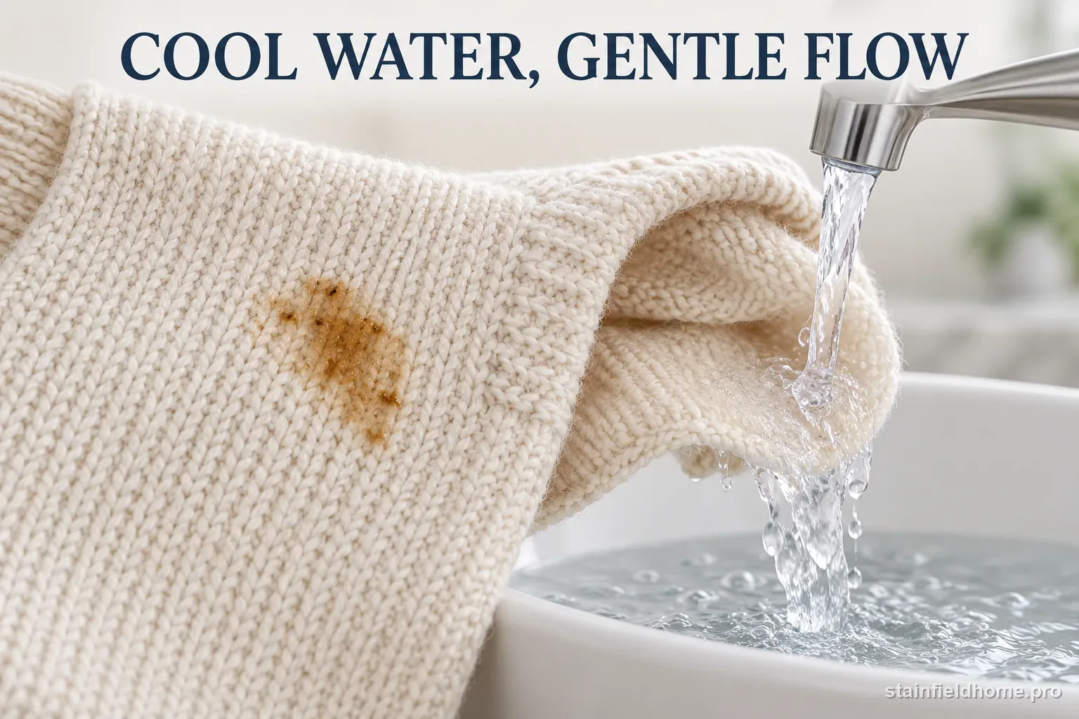 A small cool water stream flushing a gravy mark from the reverse side of a cream wool knit.