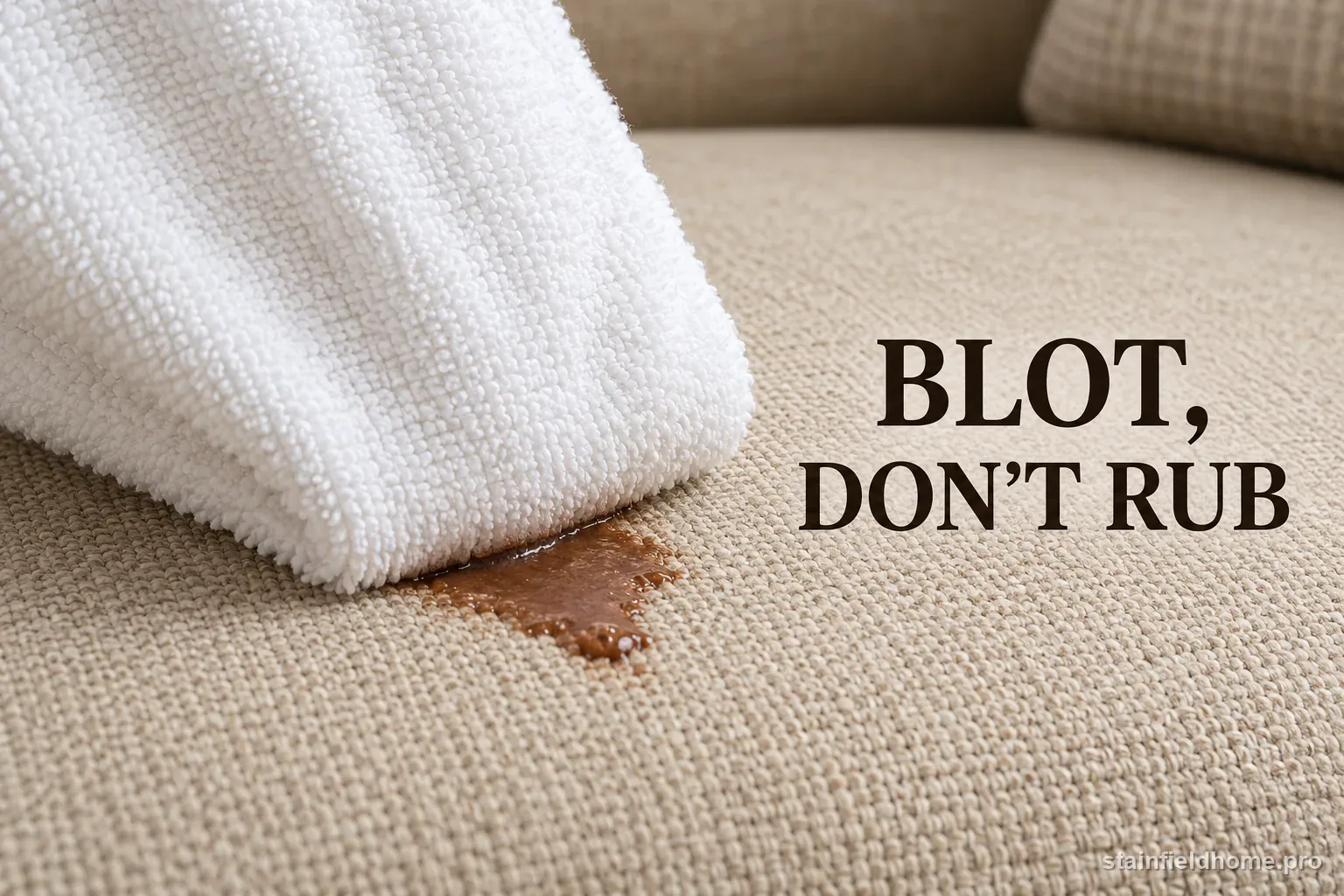 A white cloth pressing gently on a cocoa-brown upholstery spot.