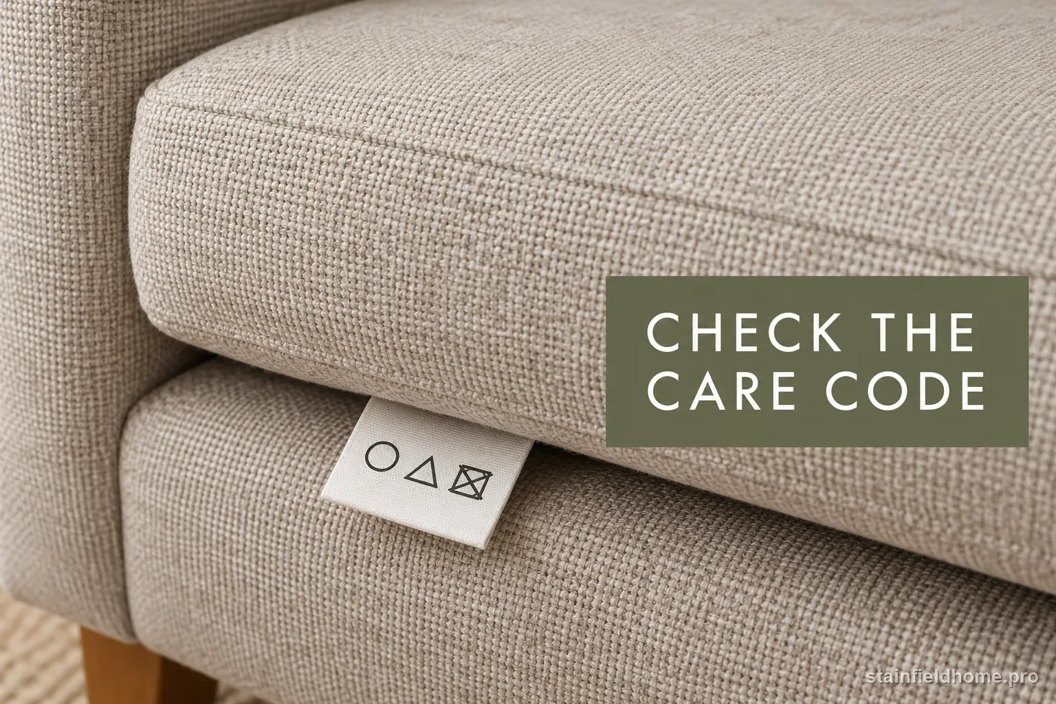 A fabric care tag beside a neutral sofa cushion showing a water-cleaning symbol.