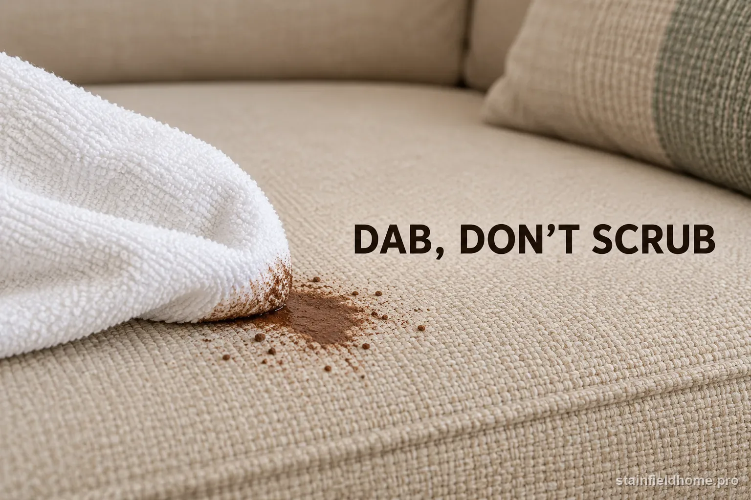 A damp white cloth dabbing a small chocolate stain on a sofa cushion.