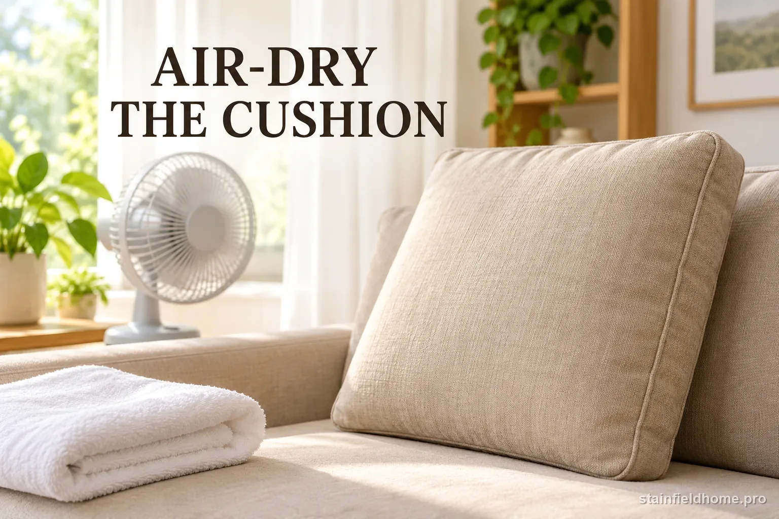 A clean towel laid over a sofa stain while the upholstery air dries.