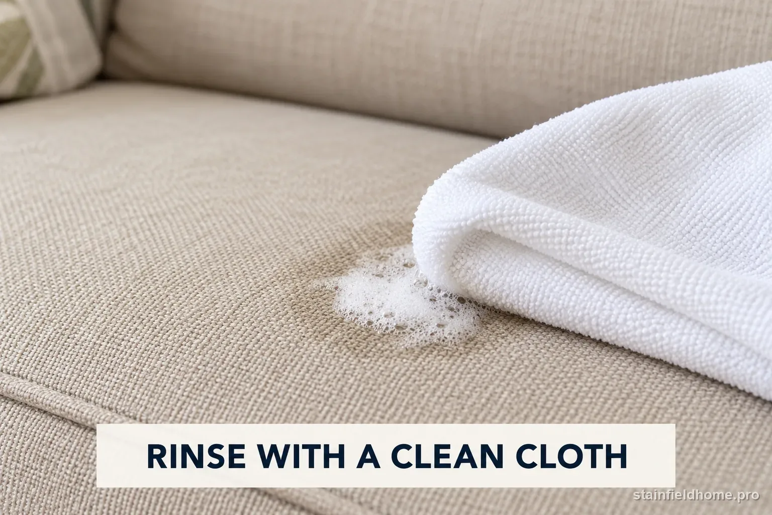 A second white cloth lightly rinsing soap from a fabric sofa spot.