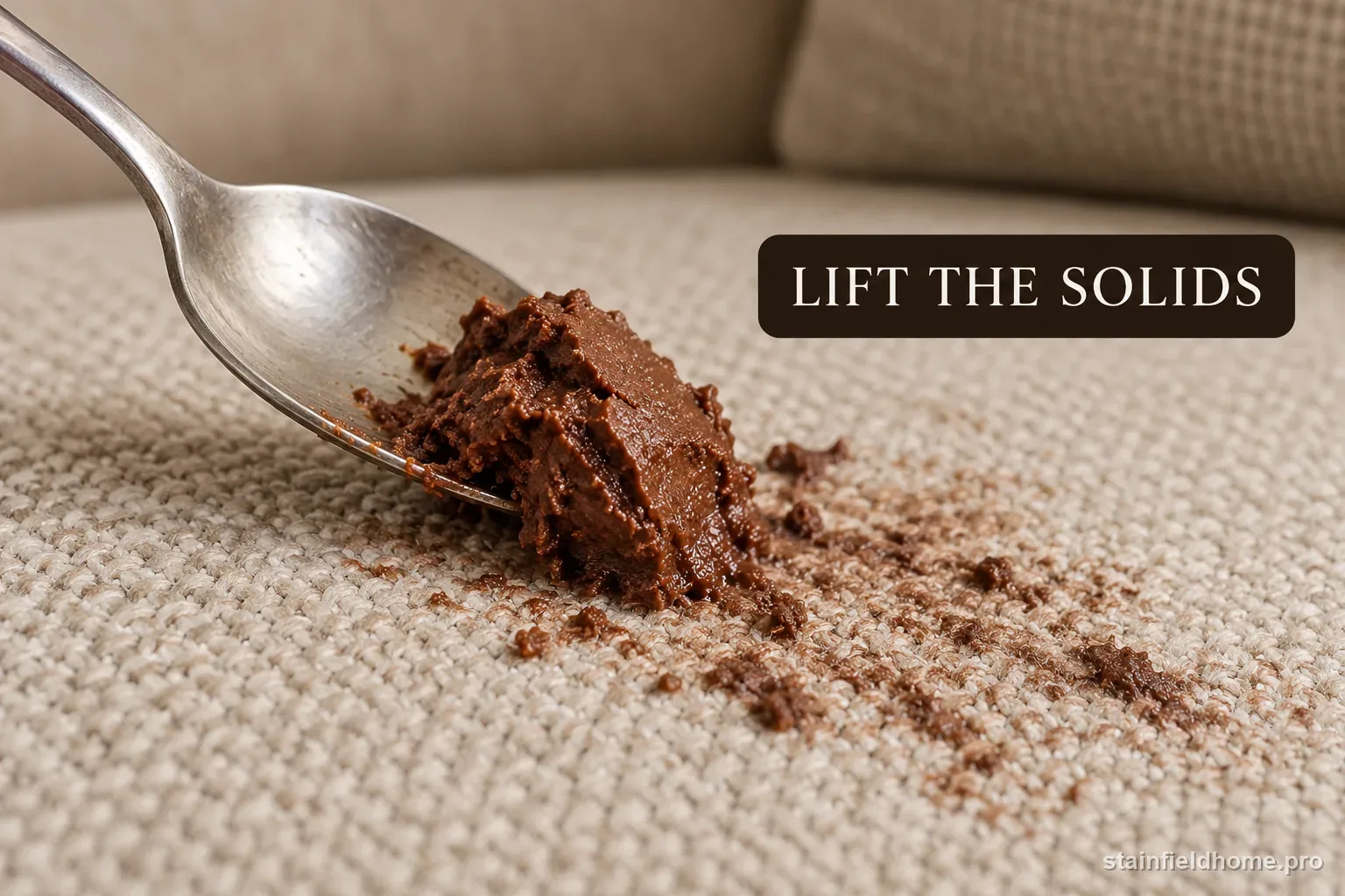 A dull spoon lifting a small chocolate clump from textured upholstery.