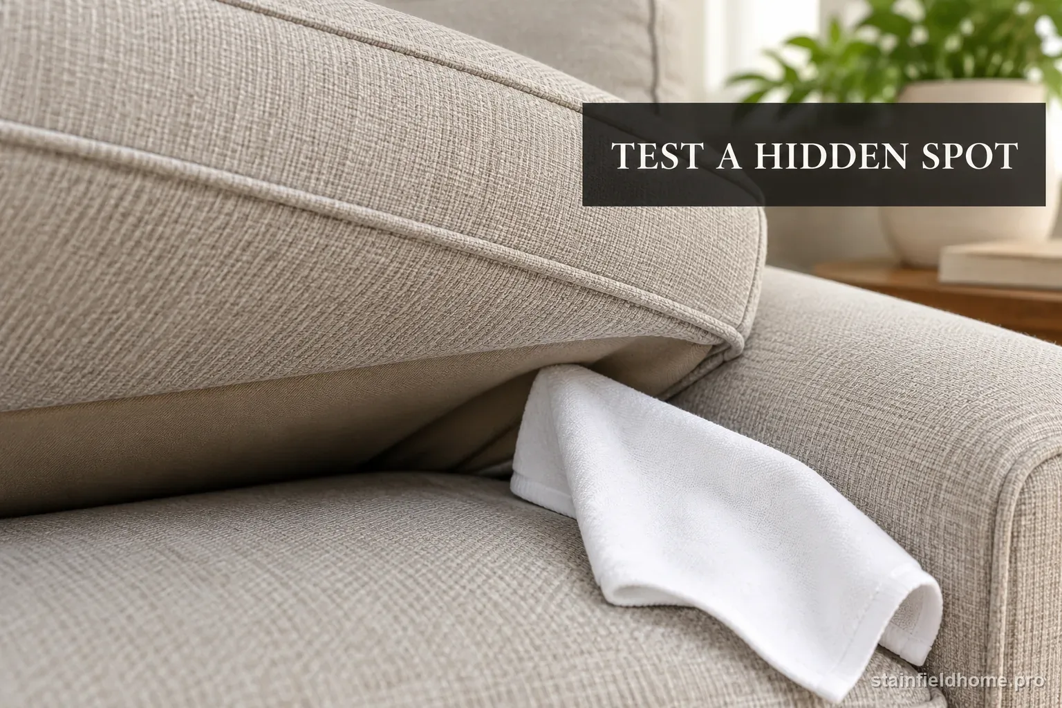 A white cloth testing a hidden upholstery area behind a sofa cushion.