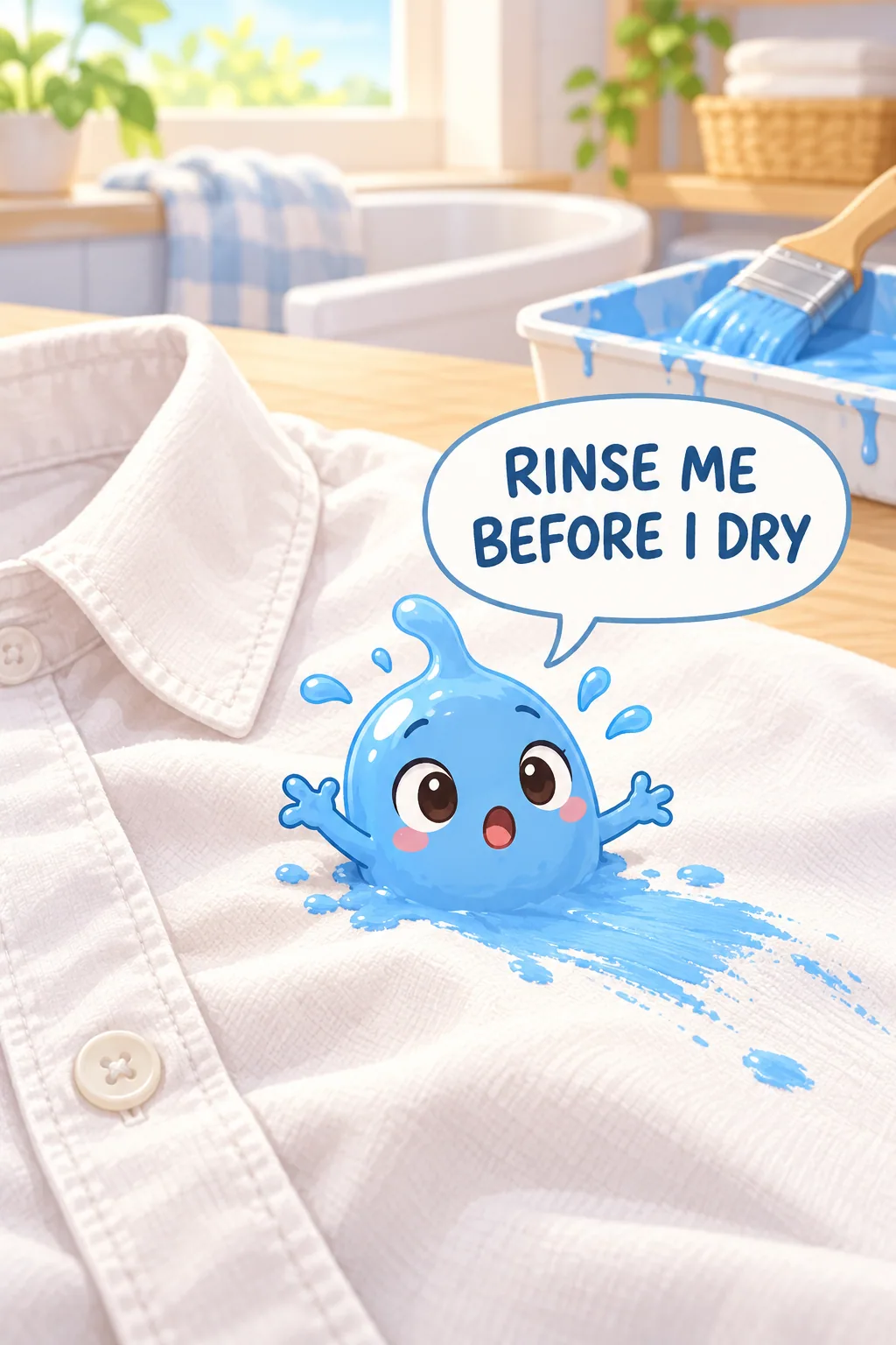 A blue water-based paint character beside a fresh paint mark on a white cotton shirt in a softly illustrated laundry room