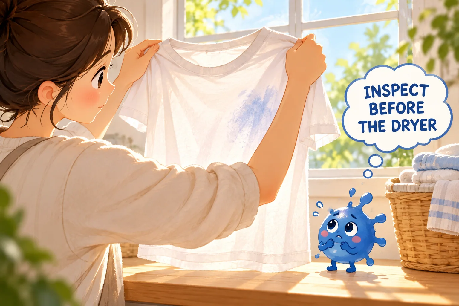 A freshly washed white shirt held up to daylight to inspect a faint blue paint mark before drying.