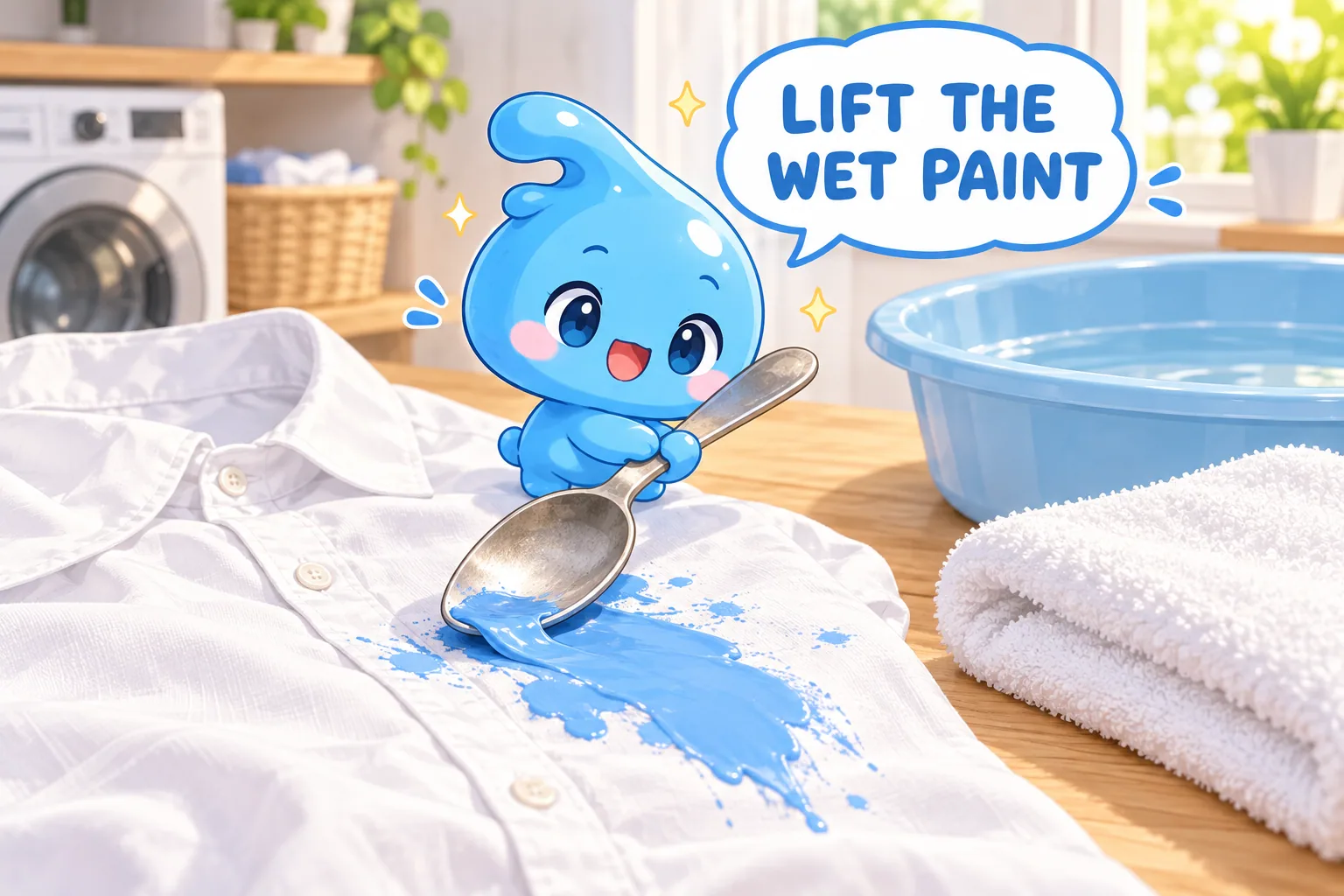 A spoon lifting fresh blue latex paint from a white cotton shirt before the paint dries.