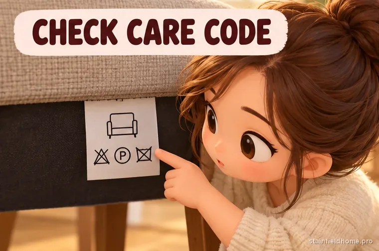 An upholstery care tag being checked before spot cleaning