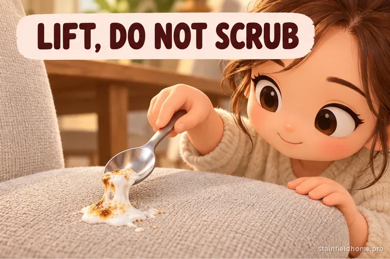 A blunt spoon lifting a marshmallow piece from chair upholstery