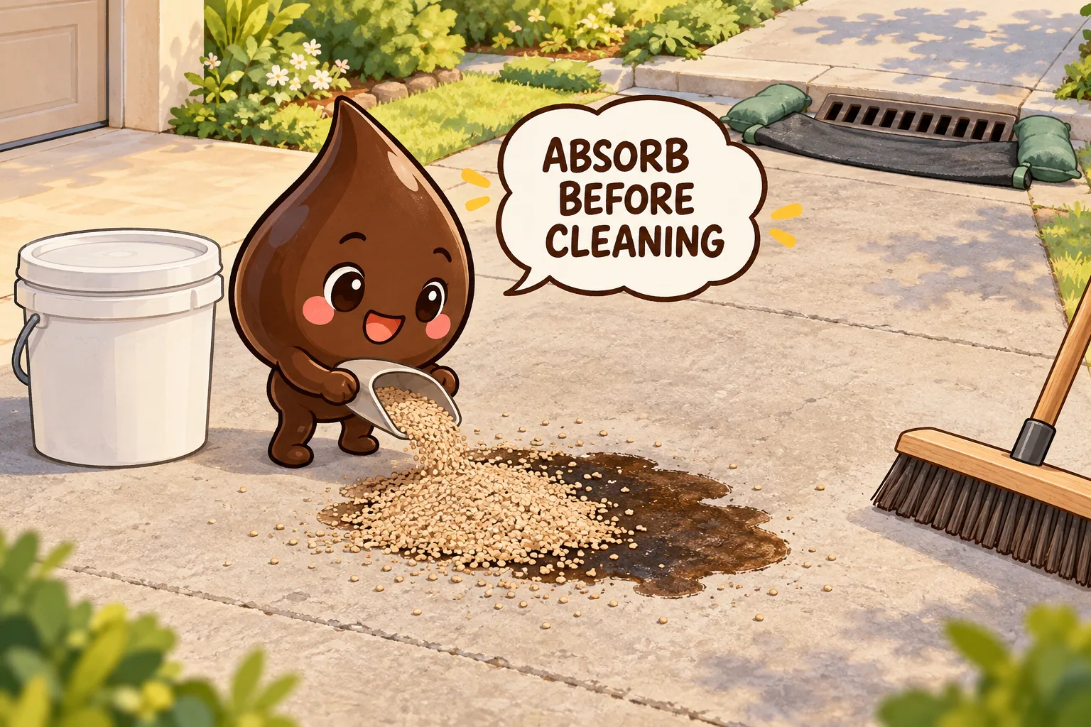 Clay absorbent covering a small motor-oil spill on concrete while a protected driveway drain stays clear.