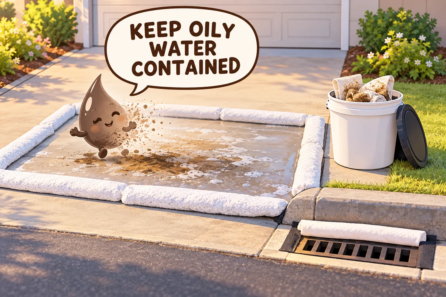 Absorbent pads containing a driveway cleaning area beside a sealed pail of oily cleanup material and a protected storm drain.