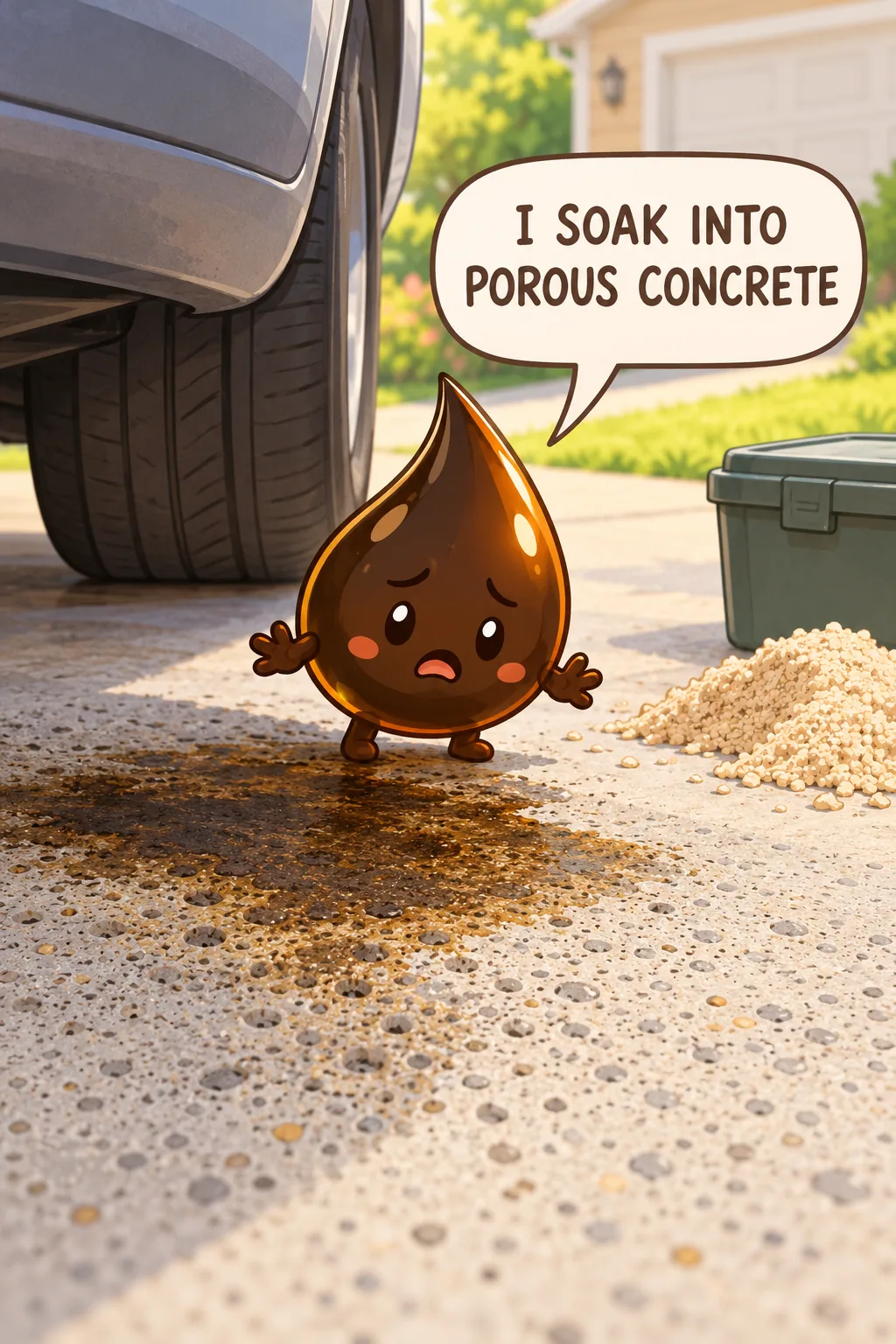 A dark motor-oil character beside a small driveway stain with absorbent granules and a sealed container nearby